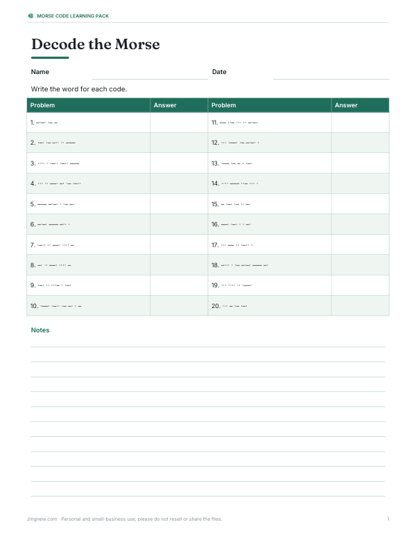 Preview of Printable Morse Code Decoding Worksheet